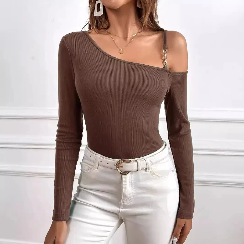 Women Simple and Elegant Style T-shirt Slant Collar Off-shoulder One-sided Suspender Discreet Top