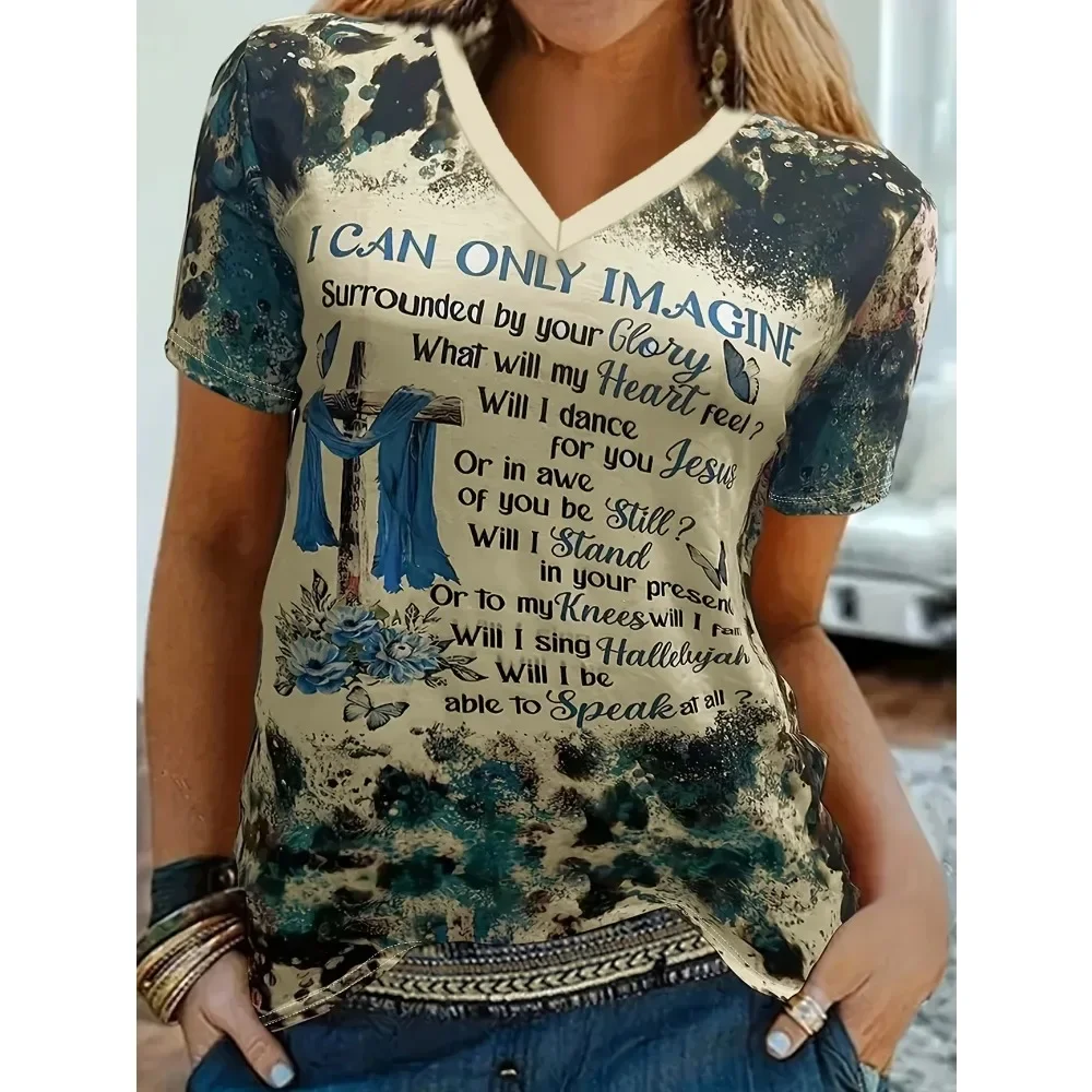 

Плюс размер 1XL-5XL, новая женская футболка с v-образным вырезом и принтом, женская повседневная футболка с коротким рукавом, топы