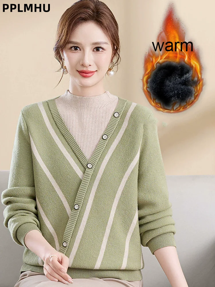 

Women's Casual Bottomed Sweater Patchwork Velvet Thick Fashion Sueter Jumper Half High Collar Fake Warm Knitted Pullover