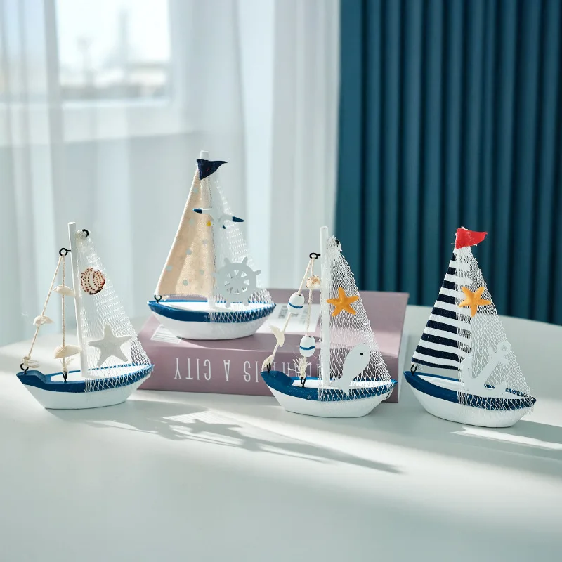Mini voilier en bois de Style méditerranéen, Figurines de bureau, modèle de bateau à voile nautique en bois fait à la main pour la décoration de la maison et du bureau, cadeaux