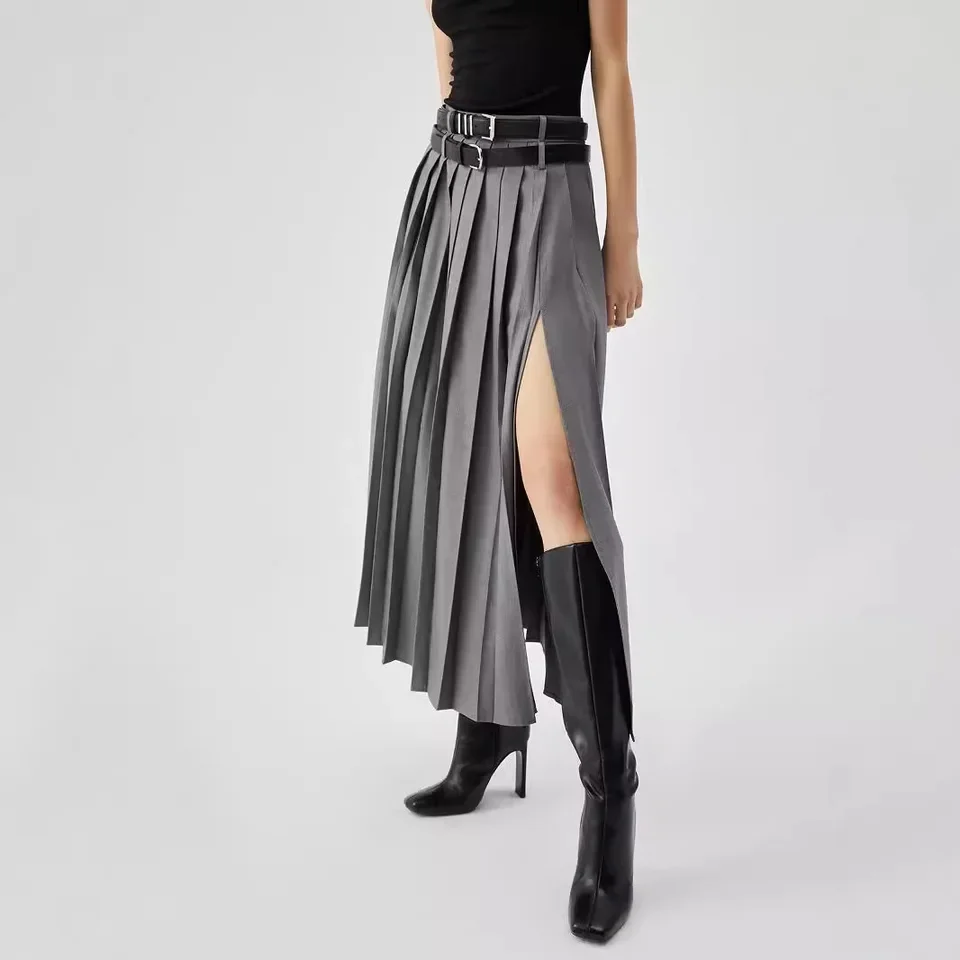 2026 New Women's High Waist Pleated Maxi Skirts Side Split A-Line Casual Dressy Skirt for Office Y2k Streetwear Skirt No Belted