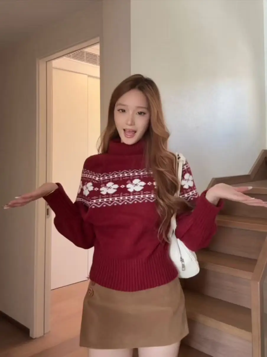 سترة نسائية كورية بياقة عالية وأكمام طويلة محبوكة، تصميم جديد للخريف والشتاء بنمط زهور حلو