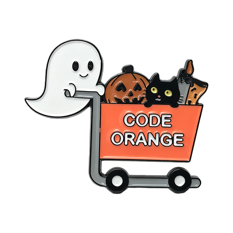 Cute Ghost Pins Cartoon Enamel Happy Pushing Cart With Pumpkin Cat Ghost Metal Pin For Clothes Backpack Badge Friends Gifts