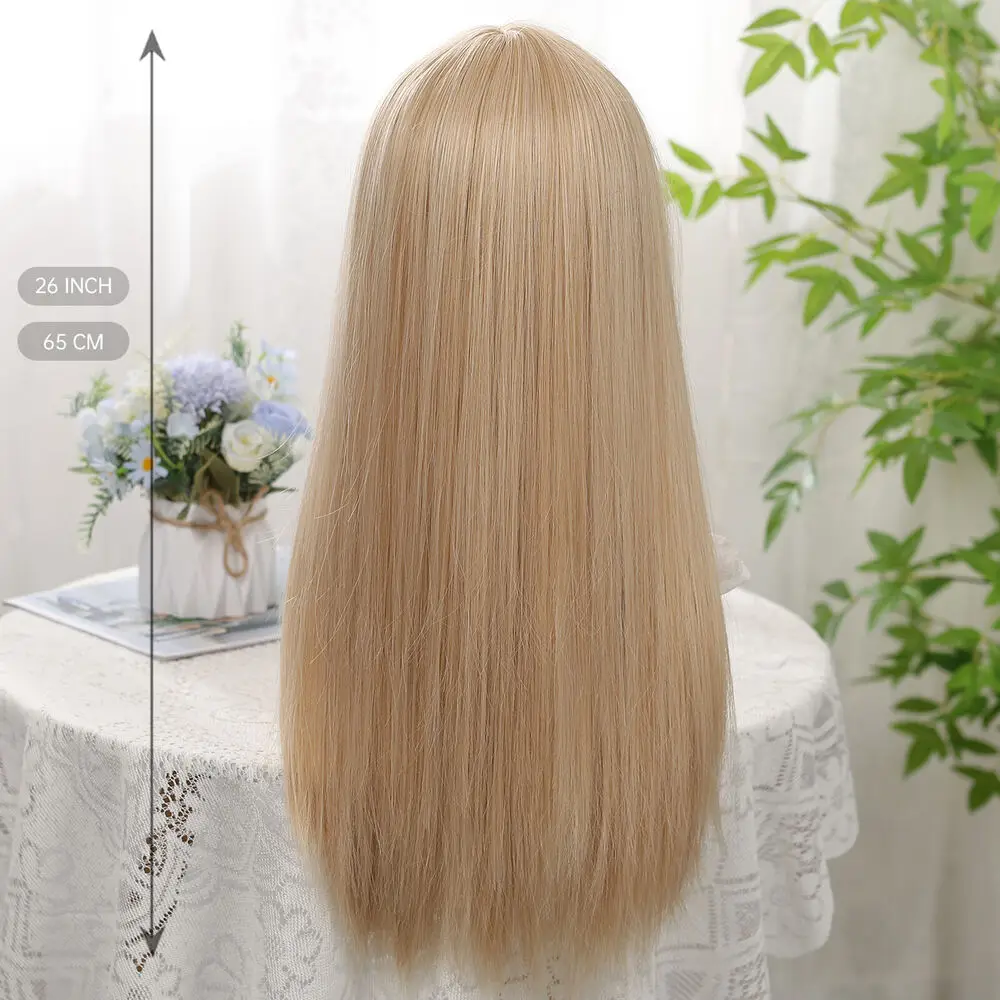 Peruca de cabelo resistente ao calor com franja para mulheres, cabelo liso longo, loiro Halloween Cosplay