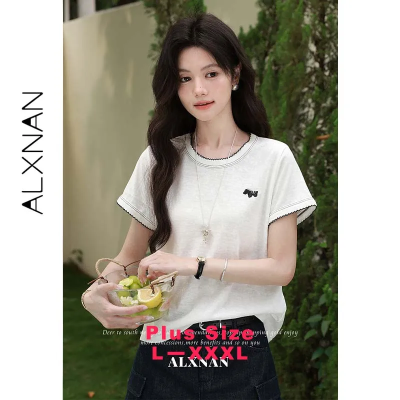 

ALXNAN Plus Size White Round Neck Women Tees Wavy Edge Cartoon Embroidery Loose Casual Simple Short Sleeve T-shirt Summer D65353