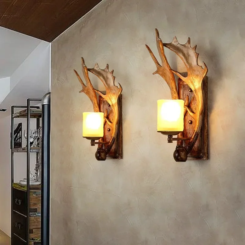 Antlers Wall Lamp American Retro Dining Room Bedroom Wall Light Nordic Homestay Small Wooden House Corridor Decoration