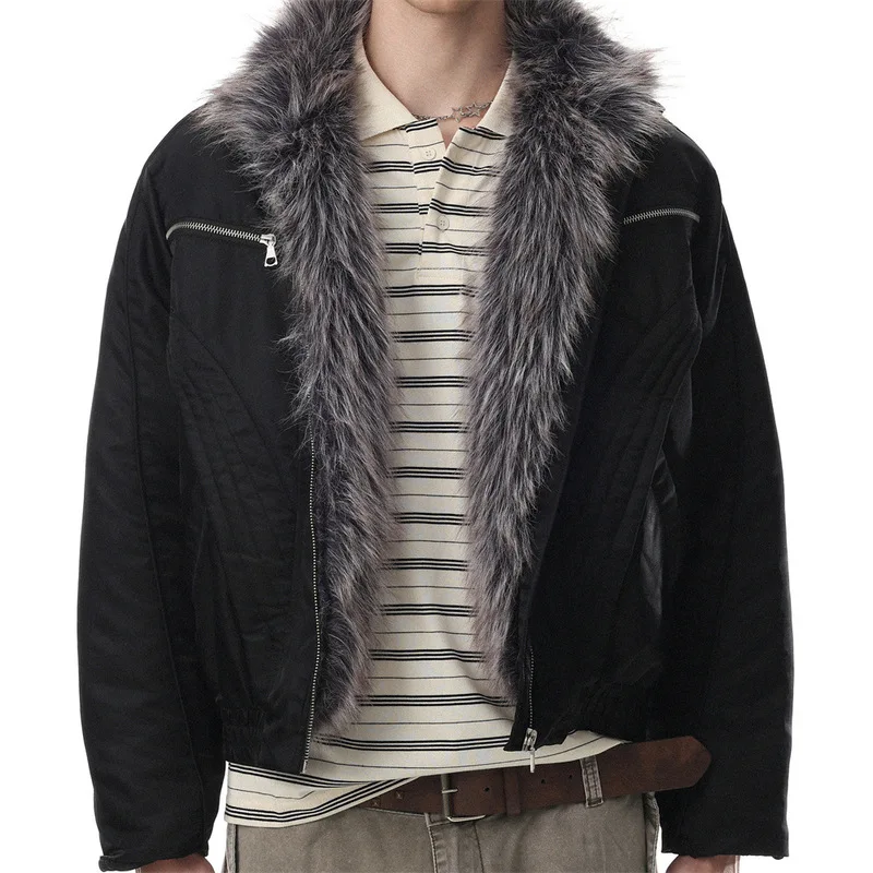 QICHE Winter Deconstructed Stitching Cotton Jacket for Men, Faux Fox Fur Stand Collar Solid Stylish Trendy Coat