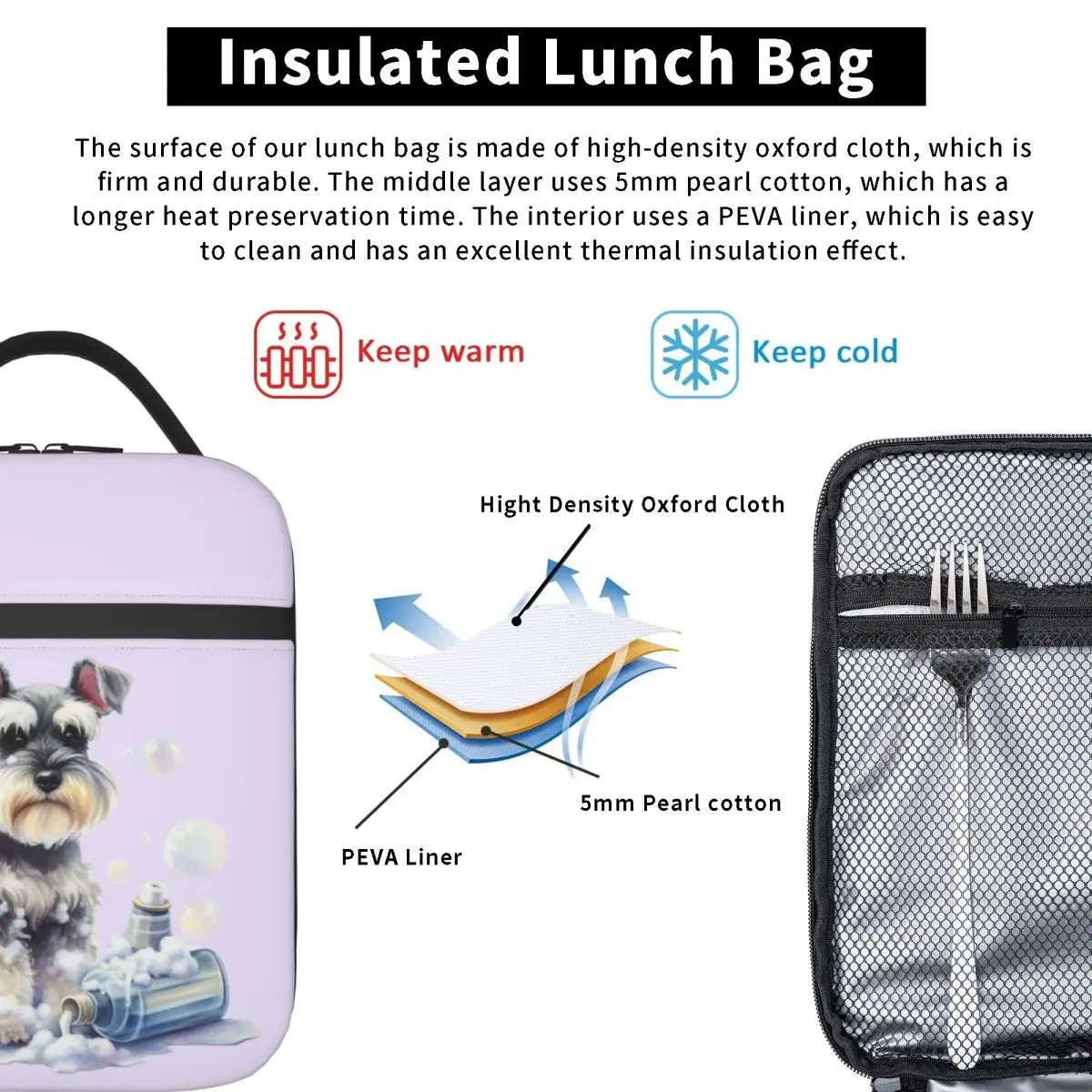 Miniature Schnauzer Bath With Bubbles Insulated Lunch Bag for Women Kids Portable Food Boxes Thermal Lunch Box Tote