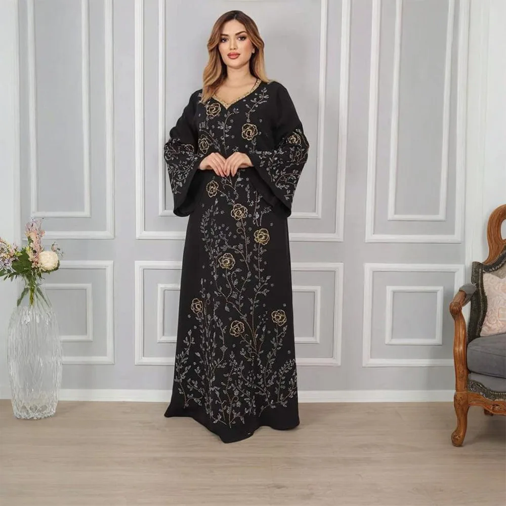 

Middle East Muslim New Fashion Women's Diamond Studded Elegant Trendy Loose O-neck Long Sleeve Ankle Length Dresses Female Abaya