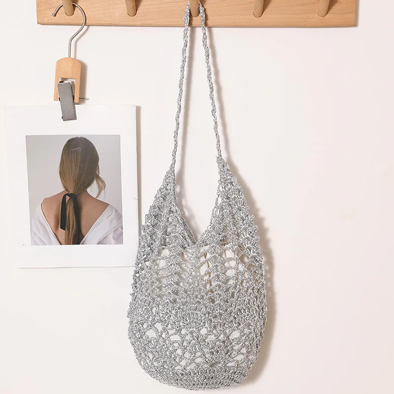 Fashion Metallic Thread Woven Bags for Women New Large Capacity Hollow Out Casual Tote Bags Summer Chic Beach Shoulder Bag