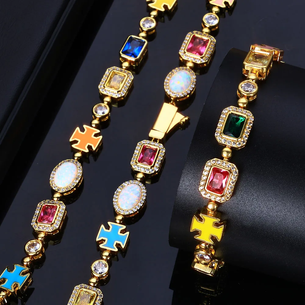 

ESKEEM 10mm Fine Multi Color Enamel Bling Cz Diamond Chain Geometric Gemstone Motif Iced Out Cross Necklace for Men Women