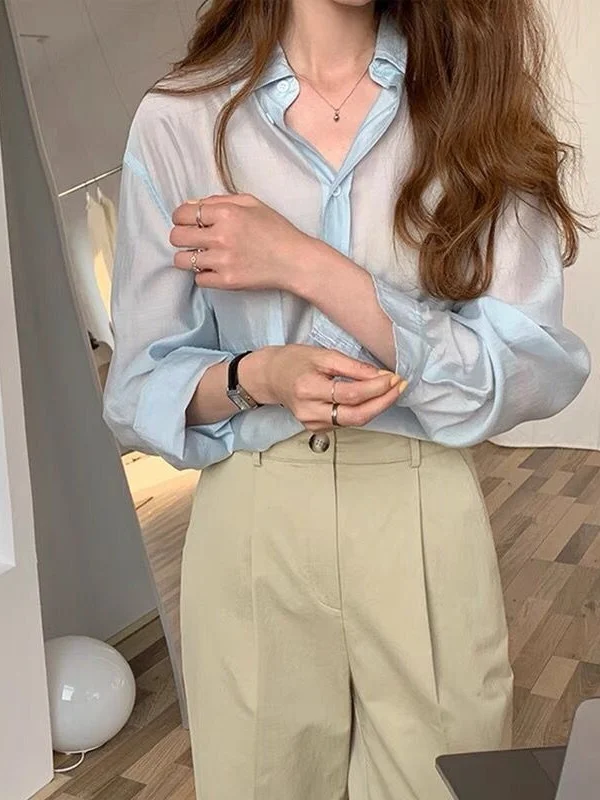 

Summer New Women's Long Sleeve Sunscreen Shirt Thin Micro Polyester Fiber Sweet Style Waist-Cinching Polyurethane Blend