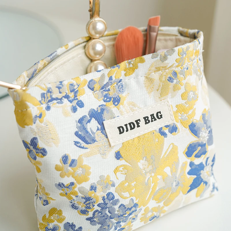 Women\'s Cosmetic bag Small Size Yellow Purple Floral Cosmetics Lipstick Loose Change Storage Bag Portable Travel Cloth Bag Ins