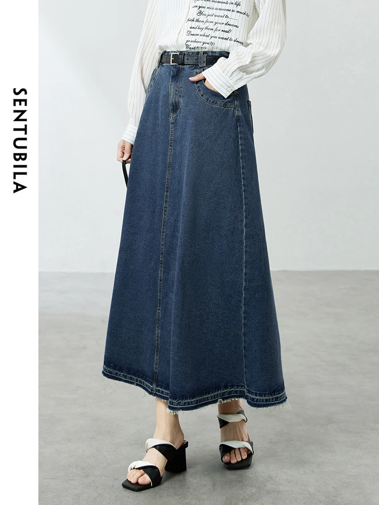 SENTUBILA Koreańska bawełna 100% sprany dżins Maxi Spódnica 2024 Summer Solid Commuter Loose Casual A-line Długie jeansowe spódnice W42Q53279