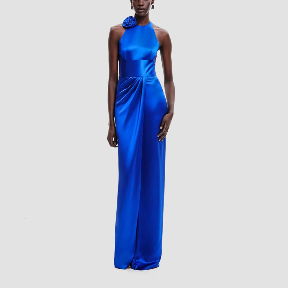 

Royal Blue Satin Halter Rose Mermaid Slim Prom Dress Sexy Graduation Ceremony Evening Party Exquisite Cocktail Evening Dress