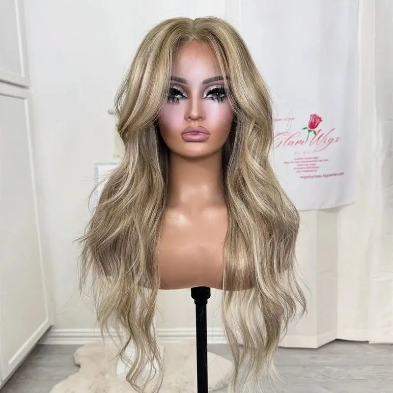 Fashion Women's Wig 13x4 Ombre Blonde with Brown Streaks Wig Realistic Look Natural Hairline Glueless Wigs 28 Inch Long Wave Wig