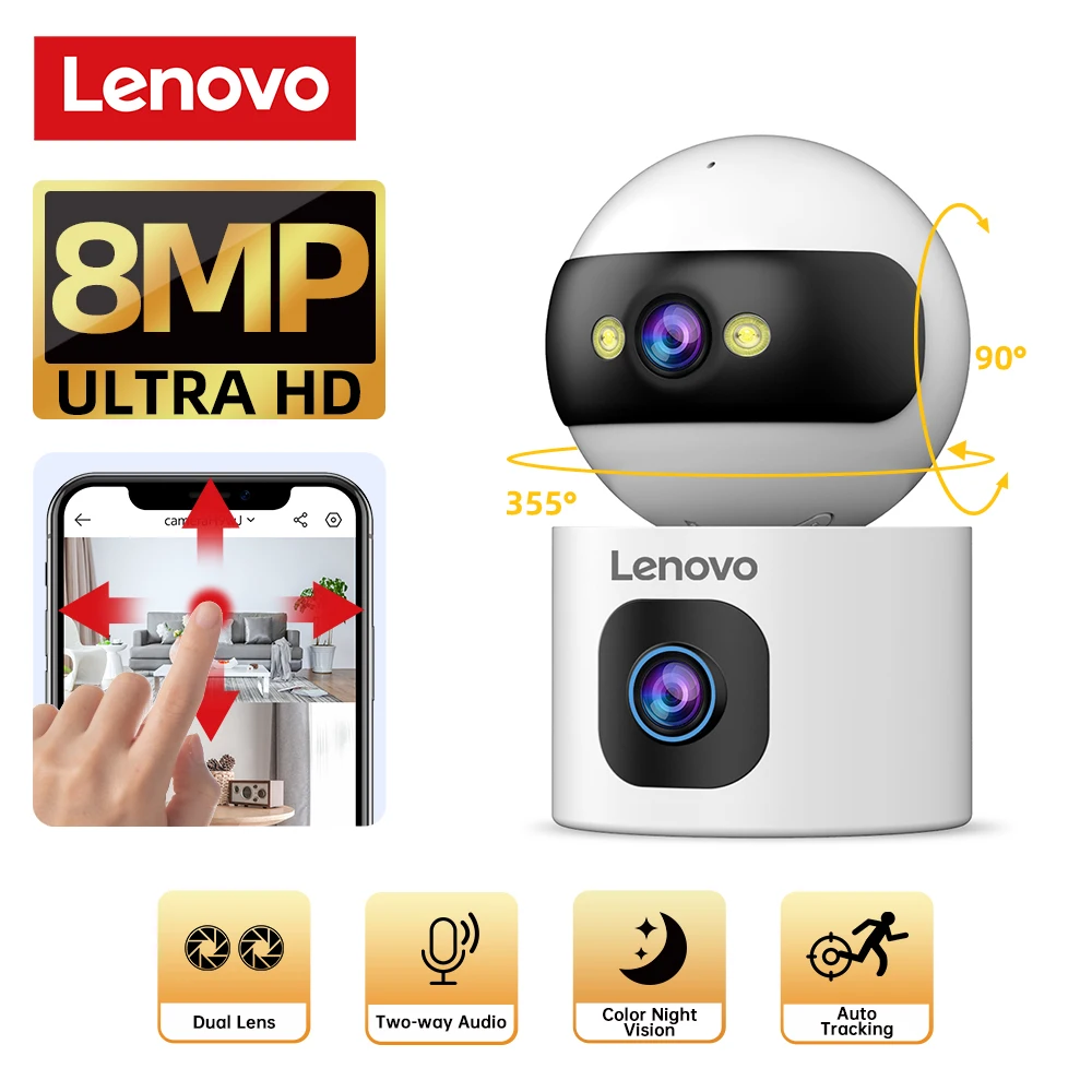 Lenovo двойной объектив HD IP-камера безопасности 8MP внутренняя Wi-Fi камера автоматическое отслеживание цветная ночная камера видеонаблюдения аудио-видео камера наблюдения