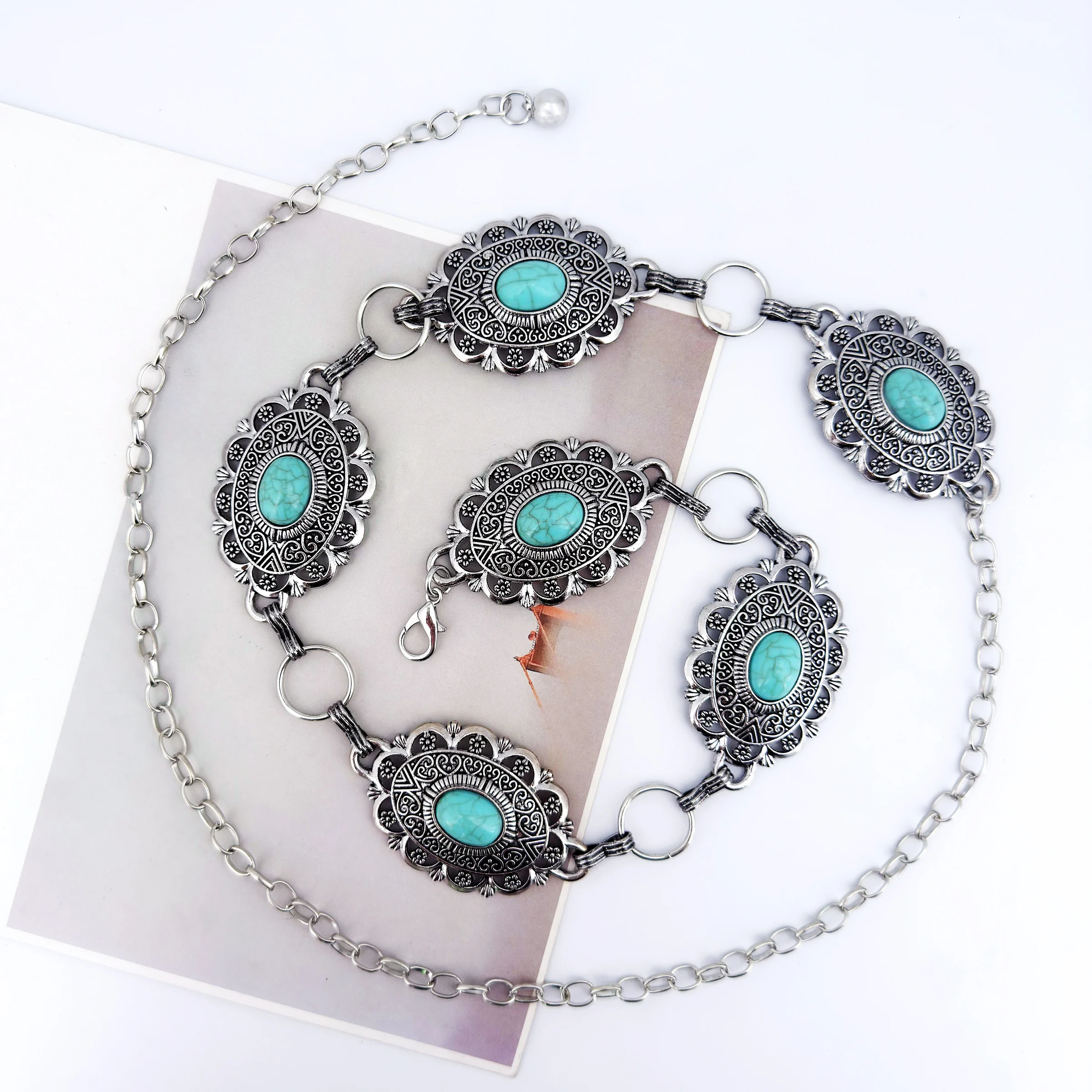 Westlicher Vintage-Ethno-Stil, hohler ovaler Gürtel mit Türkis-Einlage, luxuriöser Damen-Metallgürtel, passend zum Rock, für einen gehobenen modischen Auftritt – Detail 4