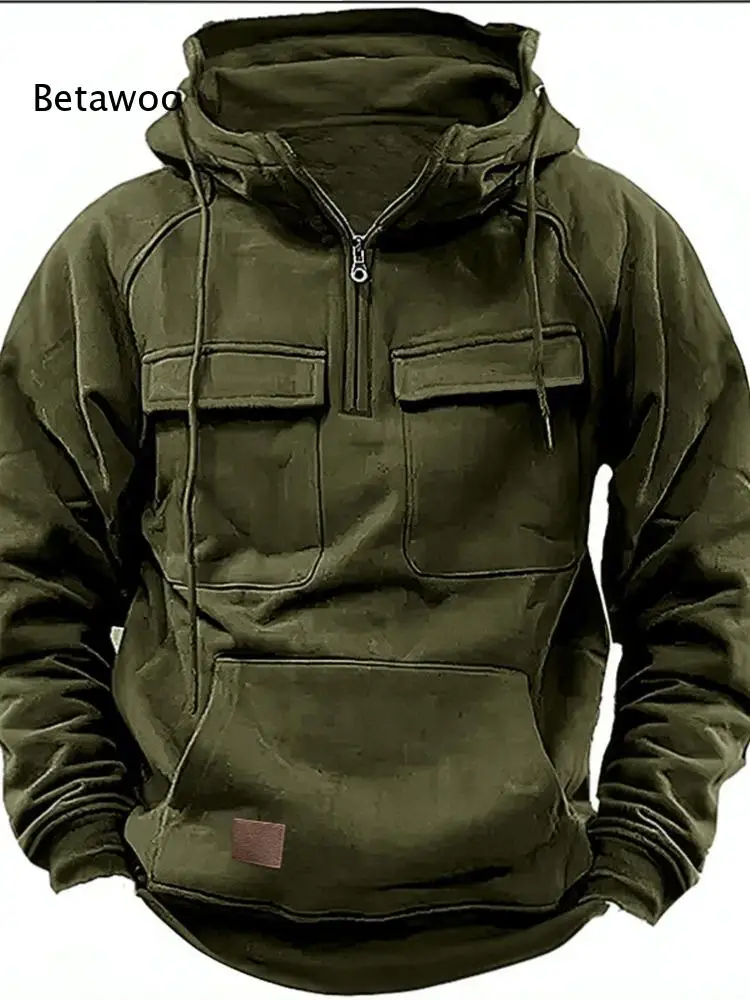 Autumn Winter Mens Pullover Hoodie Half Zip Drawstring Hood Raglan Long Sleeve Sweatshirt With Multi Pockets Casual Daily Outfit