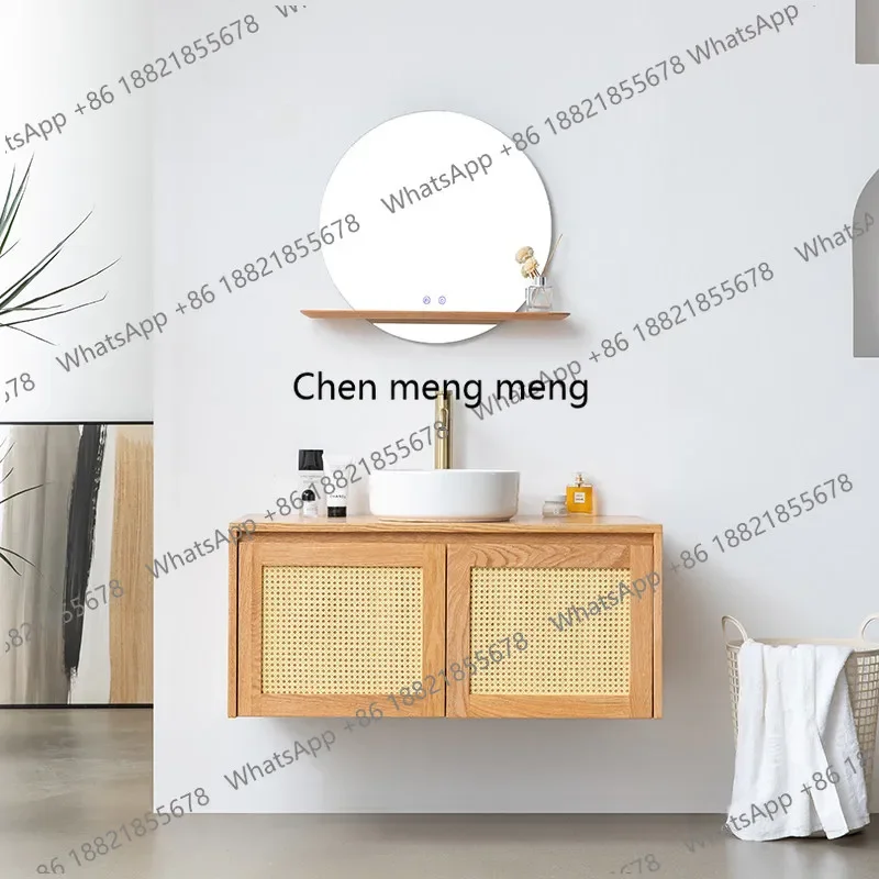 A139Smart bathroom cabinet mirror Oak cherry wood solid wood bathroom adjustable brightness round mirror