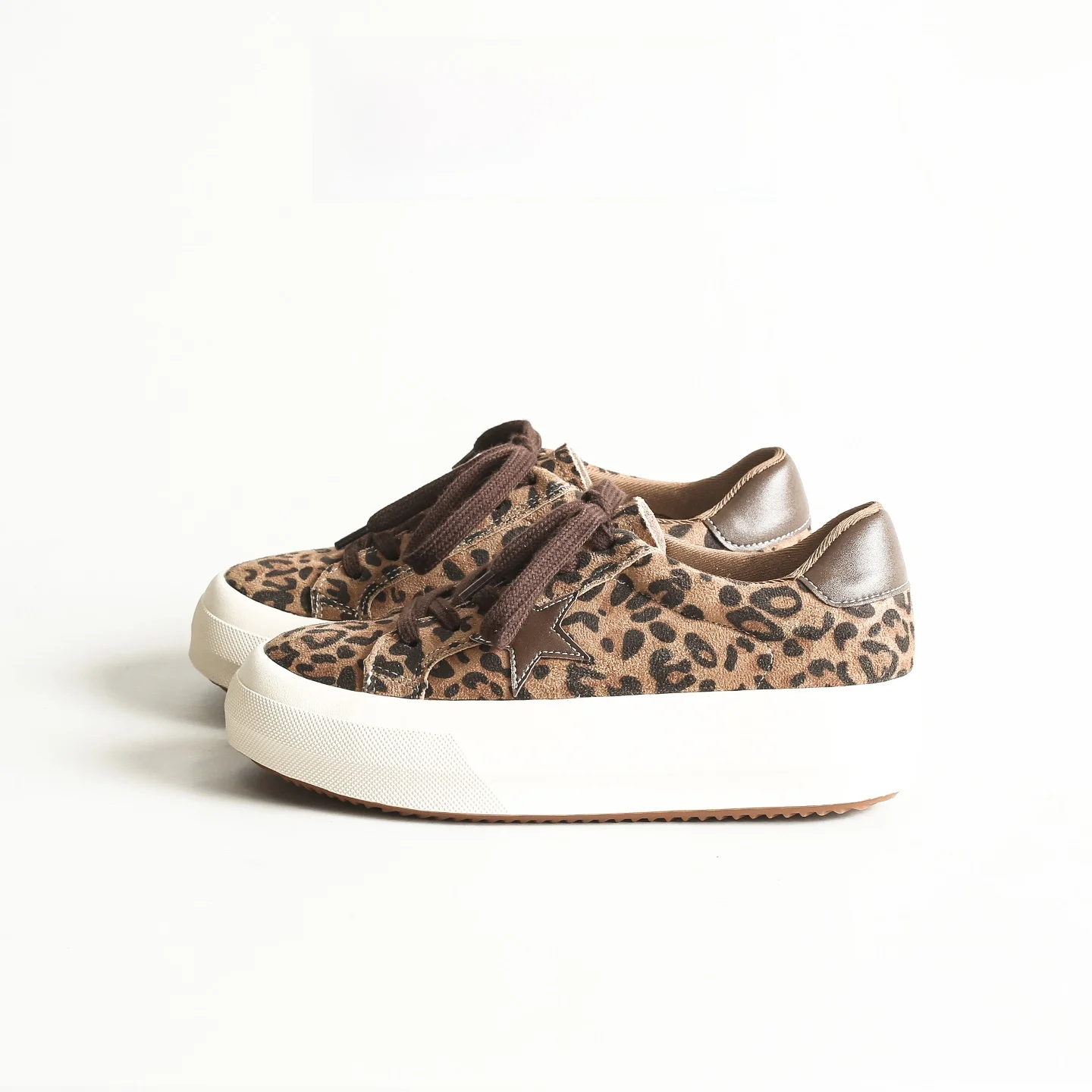 Leather Thick Bottom Sporty Casual Shoes Women's Retro Dequan Star Leopard Print Low Top Glue Stick Rubber Heeled Flats