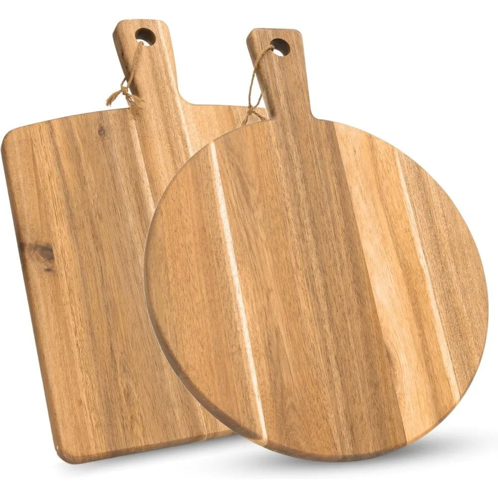 

Acacia Wood Cutting Board 2 Pack with Handle, Wooden Charcuterie Board Large Paddle Carving Chopping Board Set, Serving Tray fo