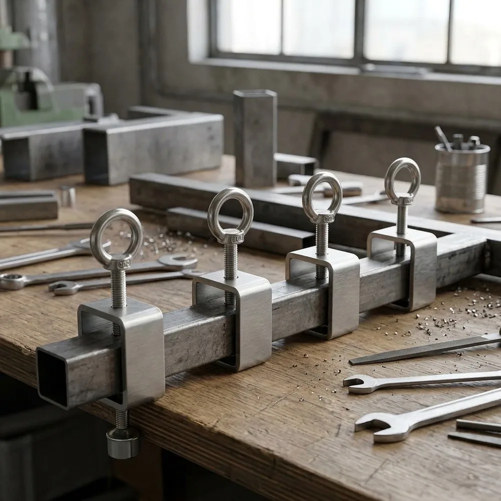 Robust Stainless Steel C Clamp with Eye Bolt Designed for Square Tube Clamping in Metalworking and Installation