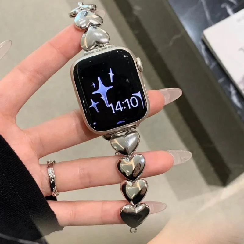 Mulheres Amor Pulseira de Aço Inoxidável para Apple Watch, Banda de Metal, Ultra 2, 49mm, 45mm, 41mm, iWatch Série 9, 8, 7, 5, 4, SE, 40 milímetros, 42 milímetros