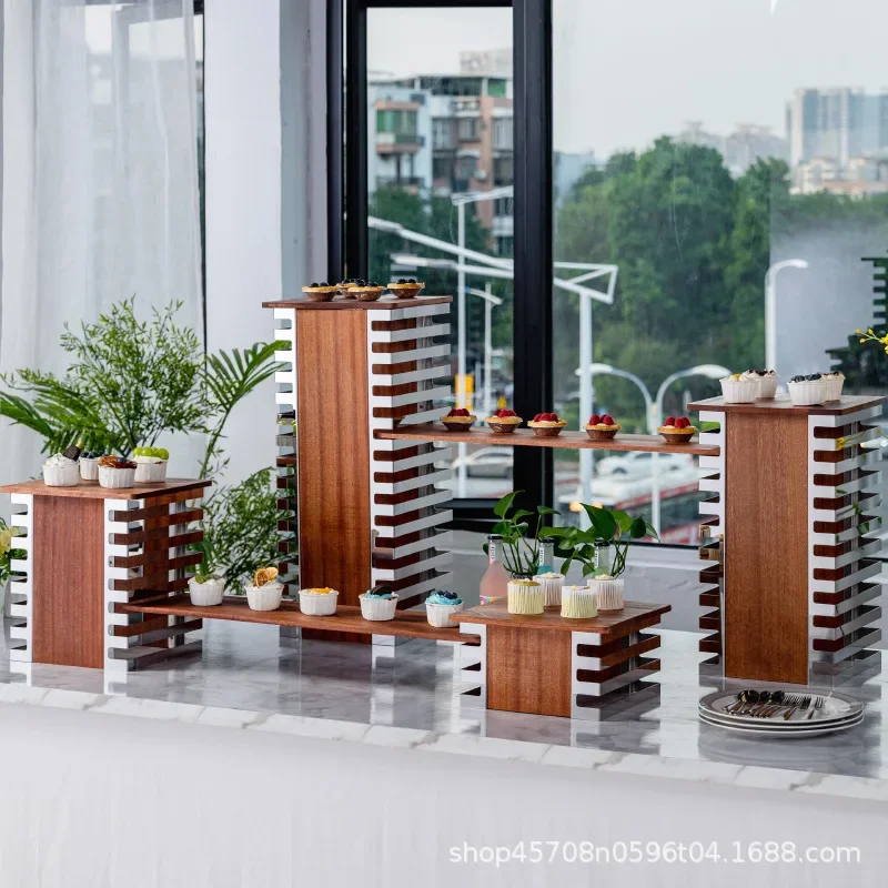 New Chinese dessert table ornament display stand cake snack rack stainless steel buffet cold food coffee break table wooden