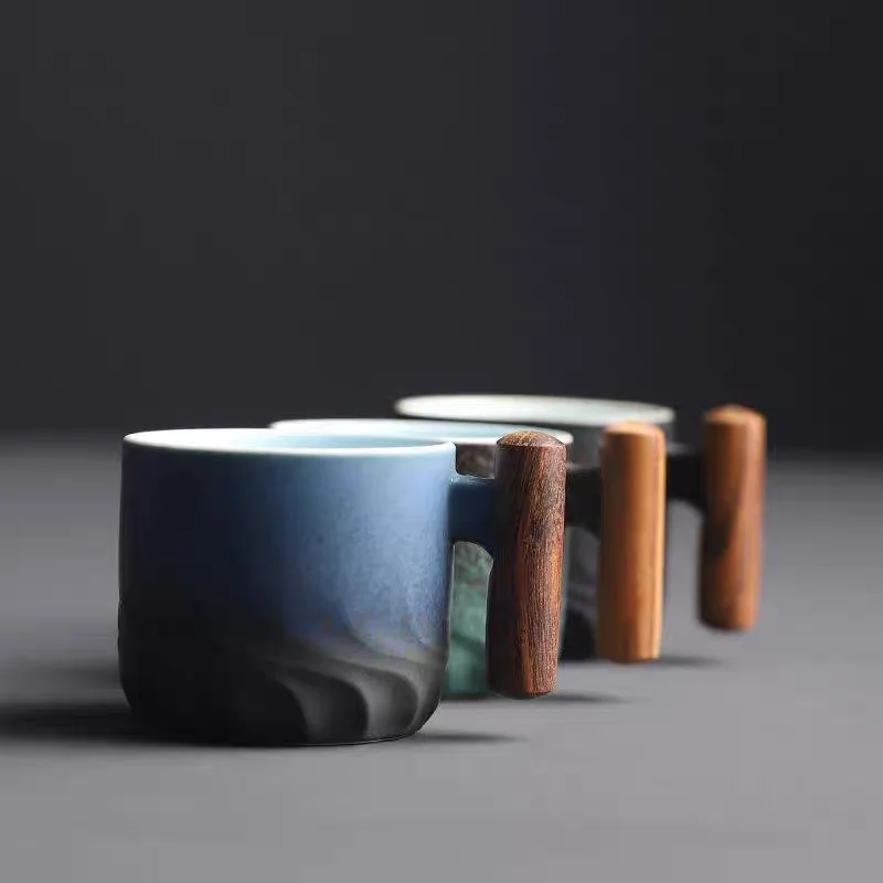 80ml Ceramic Retro Coffee Cup Office Water Cup Filter Tea Mug Wooden Handle Coffee Mug Handmade Tea Coffee Cup Birthday Gift image 4