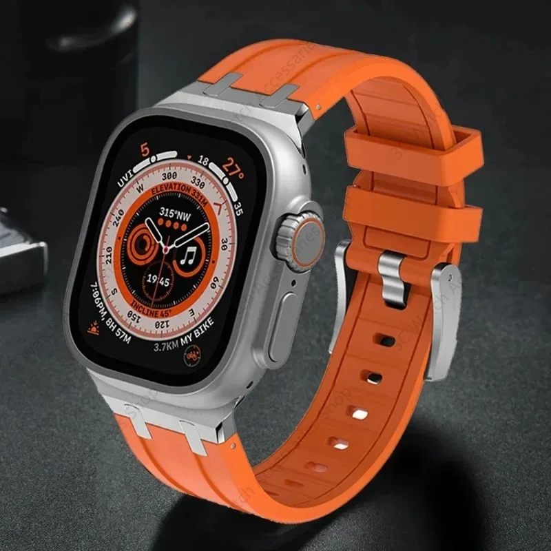 Titanium Color Metal Head Silicone Band for Apple Watch Ultra 2 49mm 45/44/42mm Rubber Strap for Iwatch Series 9 8 7 6 5 4 Se 3