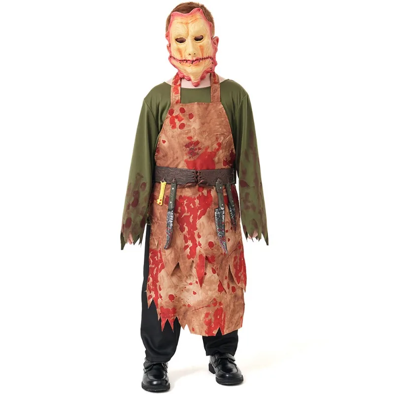 Boy Kid Scary Butcher Costume Halloween Chef Outfit Bloody Apron Mask Party Role Play Uniform Cosplay Costumes Masquerade view 5
