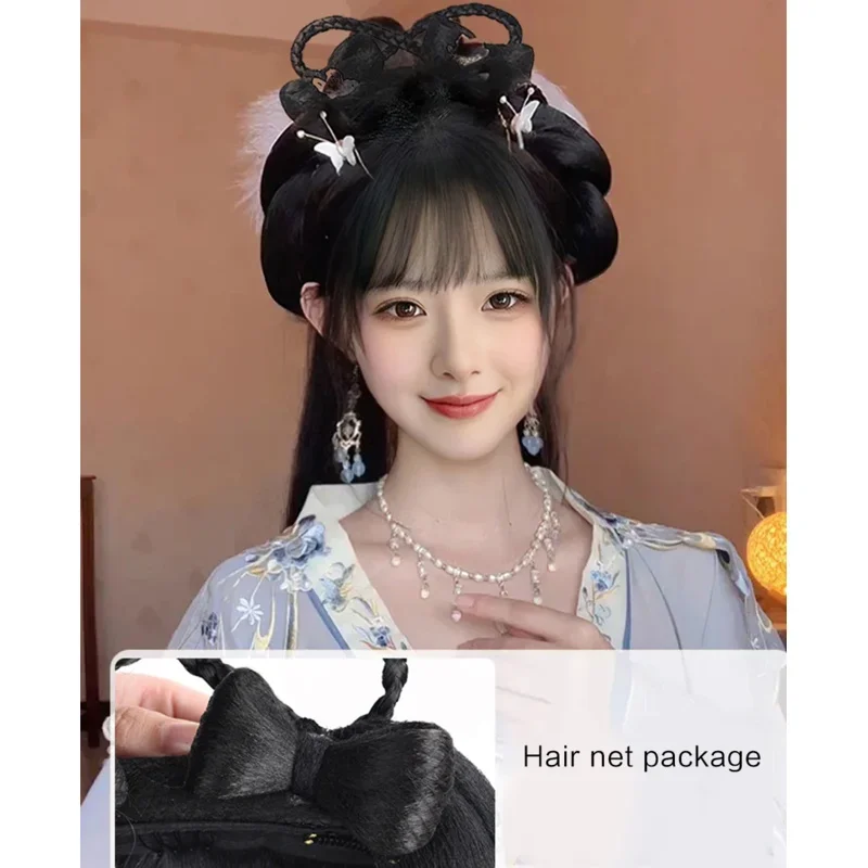 AS  Chinese Ancient Wig  Women Hanfu Wigs Headdress Photography Dance Accessory Wigs Black For Women Integrated Hair Bun