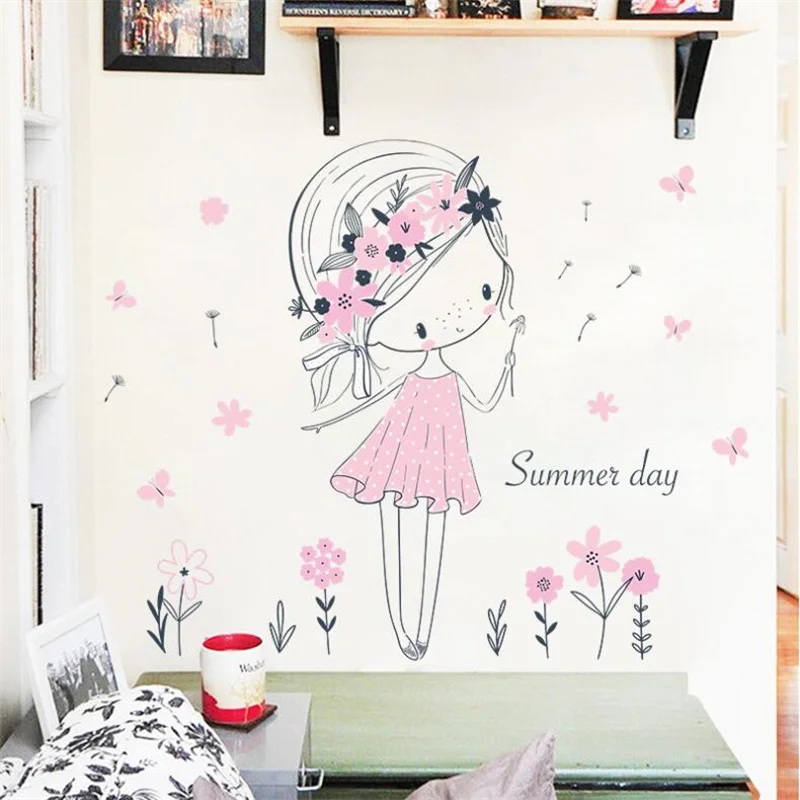 

Dandelion girl Flower Wall Stickers Creative Home Wall Decor Self-adhesive Kids Room Decoration Bedroom Background Wall Decor