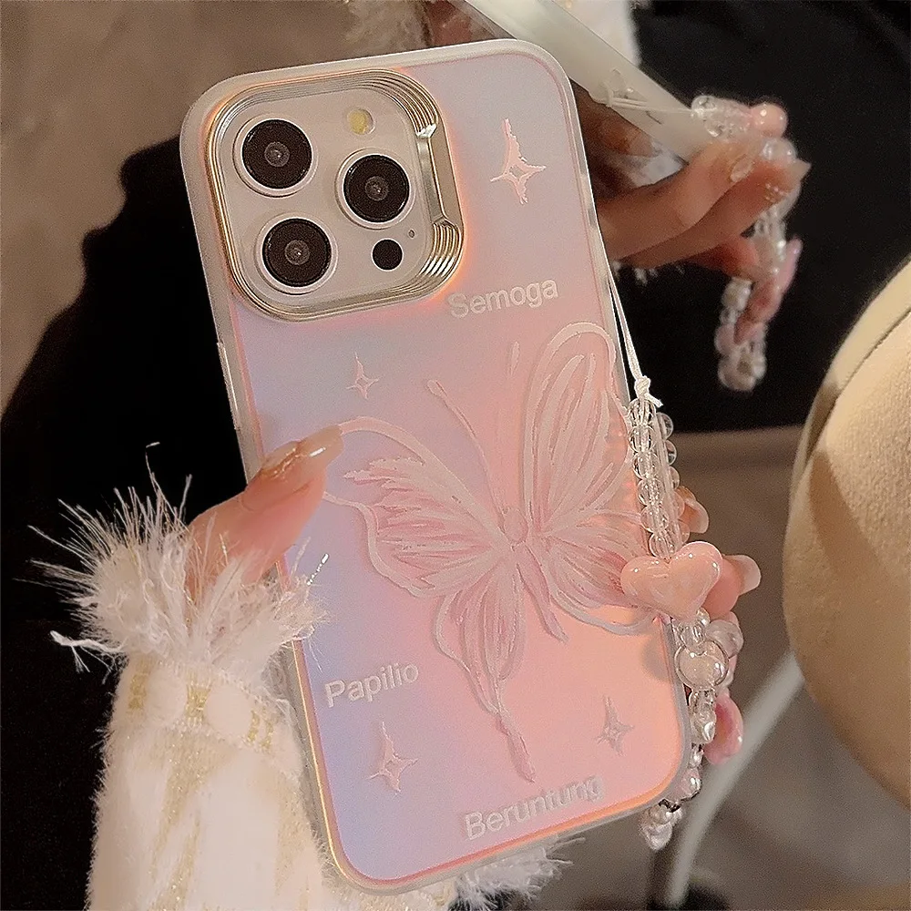 Luxuriöse Laser-Handyhülle mit rosa Schmetterlingsmuster für iPhone 12, 13, 14, 15, 16, 17, Pro Max, mit Armbandkette, stoßfeste Hartschale