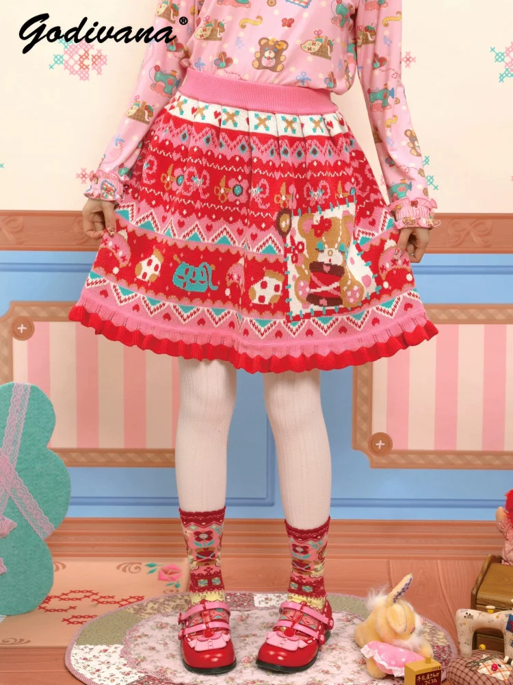 Red Fair Isle Knitted Mini Skirt New Autumn and Winter Sweet Girls Female Cartoon Bear Printing Lace Trim Knit A-line Skirt