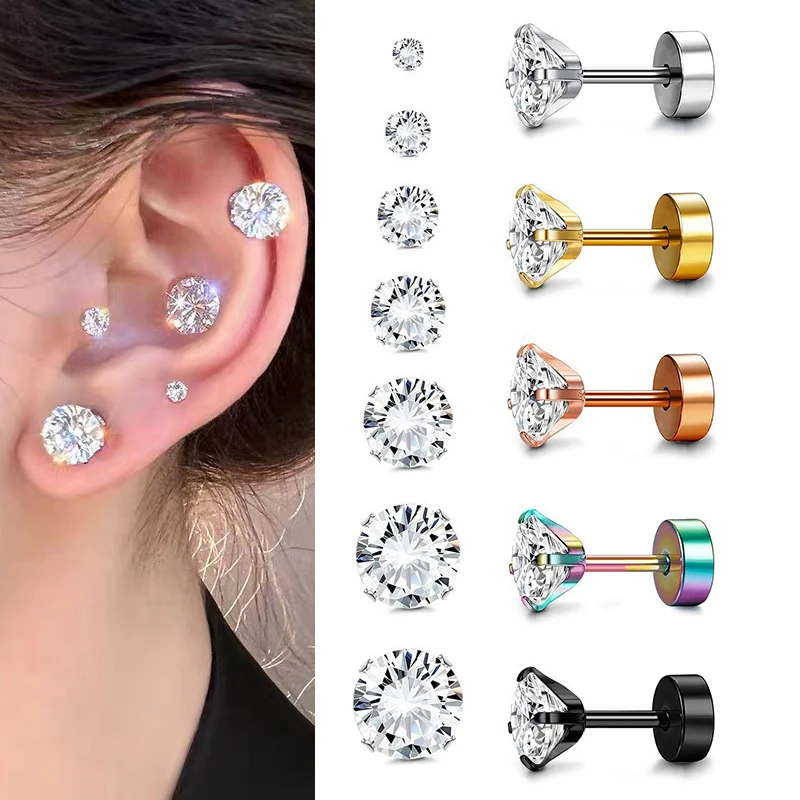 1 Pair Surgical Steel Dumbbel Round Crystal Zircon Studs Earrings For Women/Men 4 Prong Tragus Cartilage Piercing Jewelry