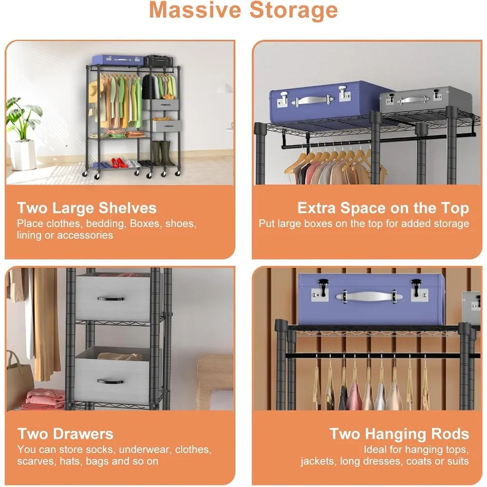 Rak Pakaian Tugas Berat dengan Rak, Rak Pakaian dengan Laci, Rak Pakaian dengan Roda, Rak Penyimpanan Pakaian Portabel