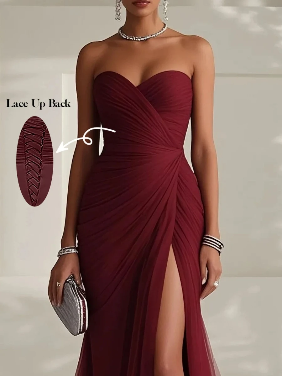 Sweetheart Strapless Tulle Bridesmaid Dress Ruched Wrap Side Slit Floor Length Lace Up Formal Wedding Guest EveningProm MaxiGown image 3