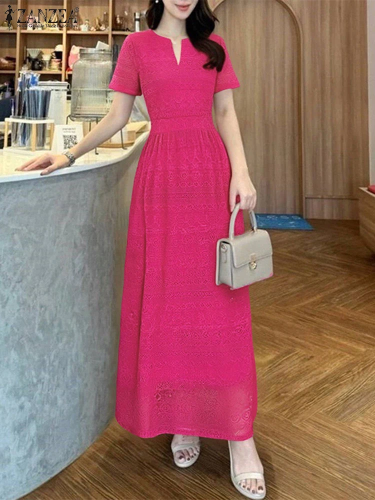 

Elegant Maxi Dress Women Lace Vestidos 2025 ZANZEA Short Sleeve Summer Party Sundress Casual V Neck Solid Color A-Line Robe