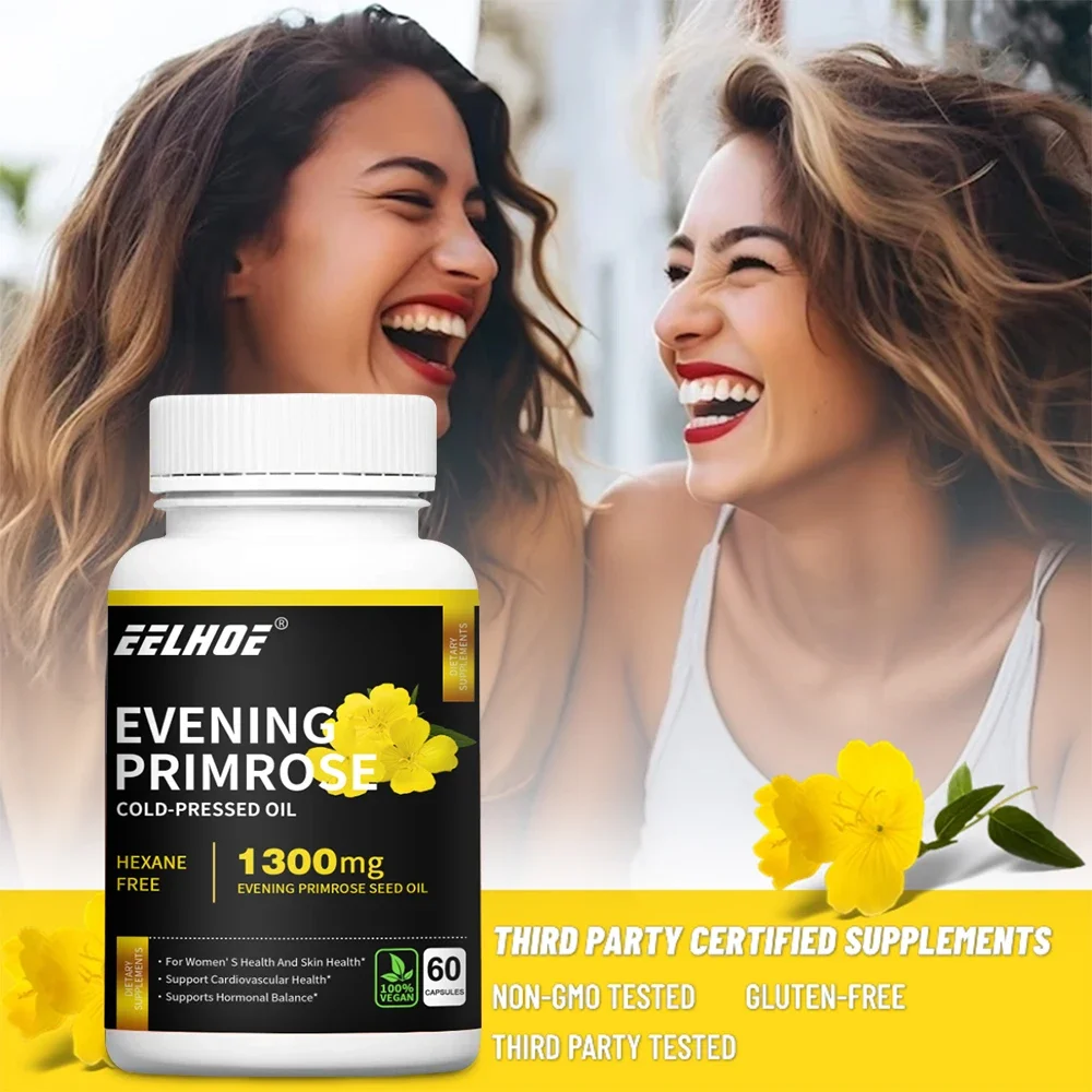 Evening Primrose Oil 1300 mg, benefits women and skin health, supports hormonal balance, and supports cardiovascular health