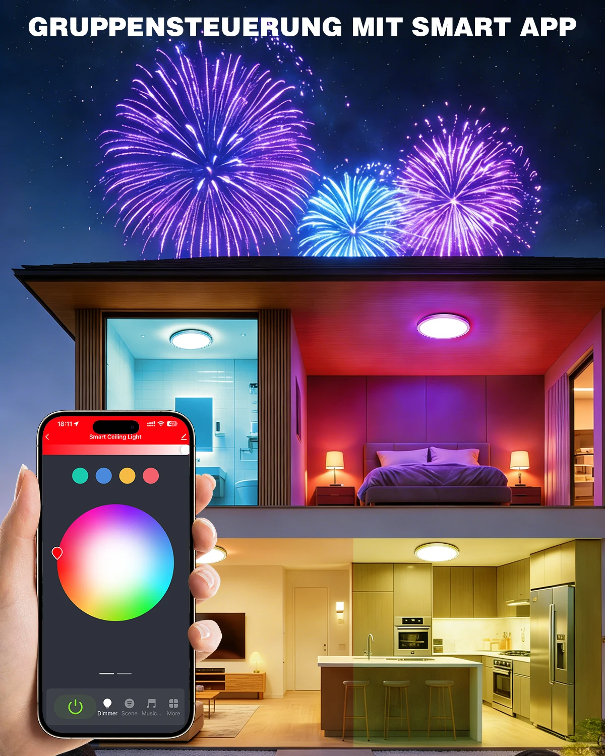 Bild 4: 24W Smart LED-Deckenleuchte Alexa-kompatibel, RGB Dimmbare Lampe mit Fernbedienung, 16 Millionen Farben IP54 für Schlafzimmer Wohnzimmer Küche