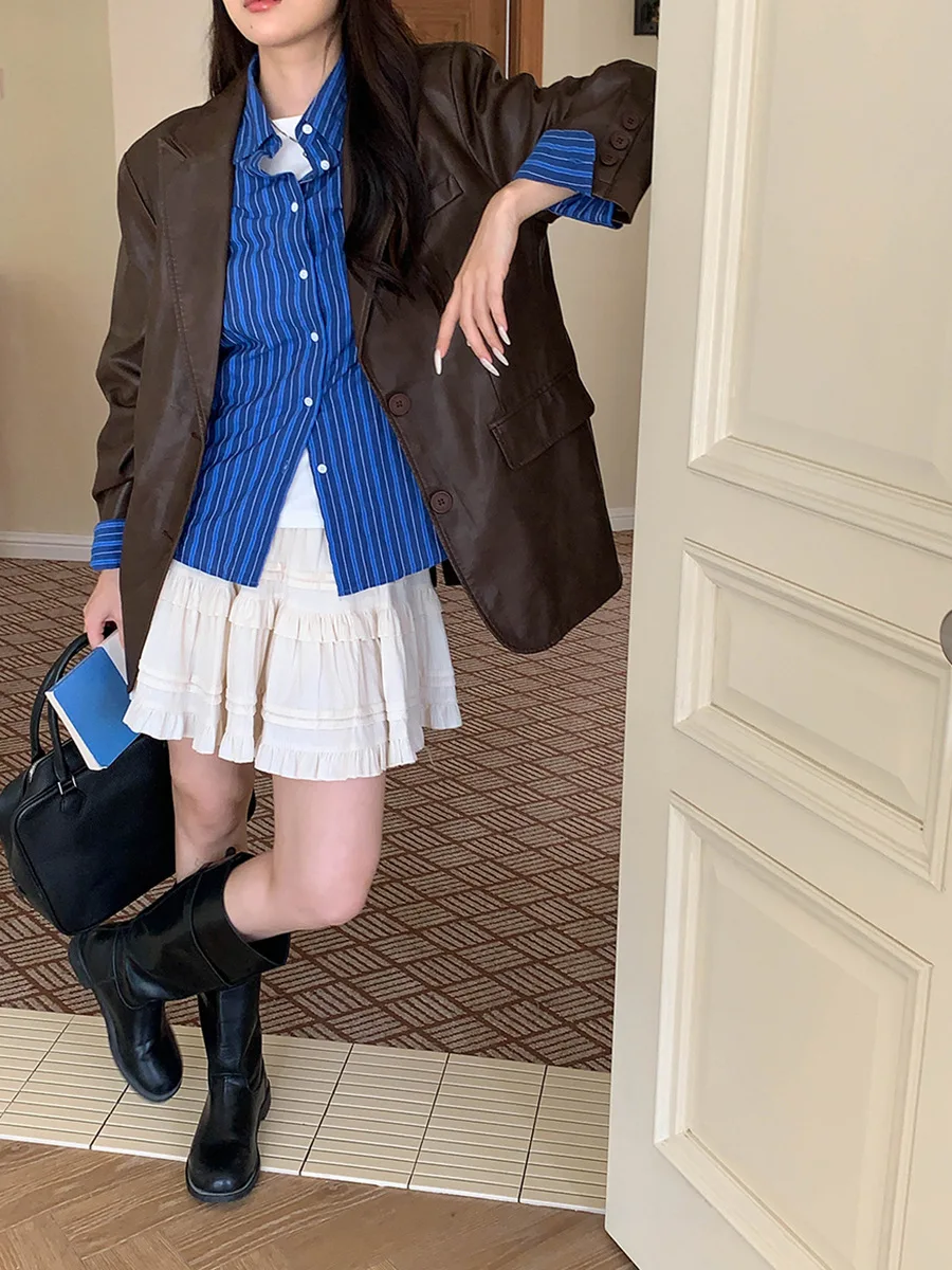 Women's Retro Loose Slim Fit Leather Jacket Autumn 2025 Casual Long Sleeve Coat Fashionable Outerwear