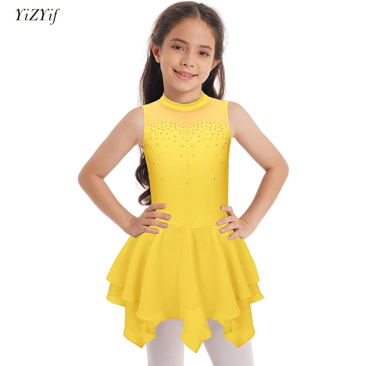 Figure Skating Dress for Girls Ballet Dance Gymnastics Leotard Tutu Sleeveless Rhinestone Mesh Dresses Performance Dancewear