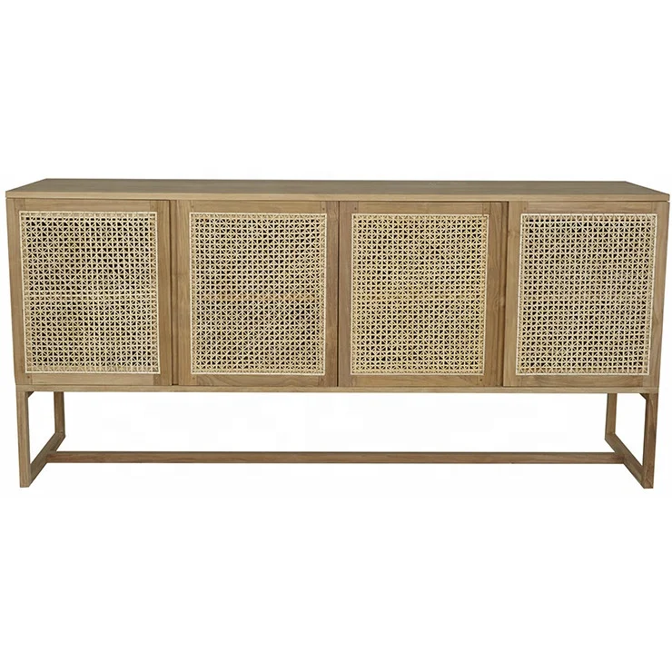 

Скандинавский современный 4-дверный деревянный буфет с ротанговыми вставками для домашнего бара, гостиной, прихожей, отеля или квартиры