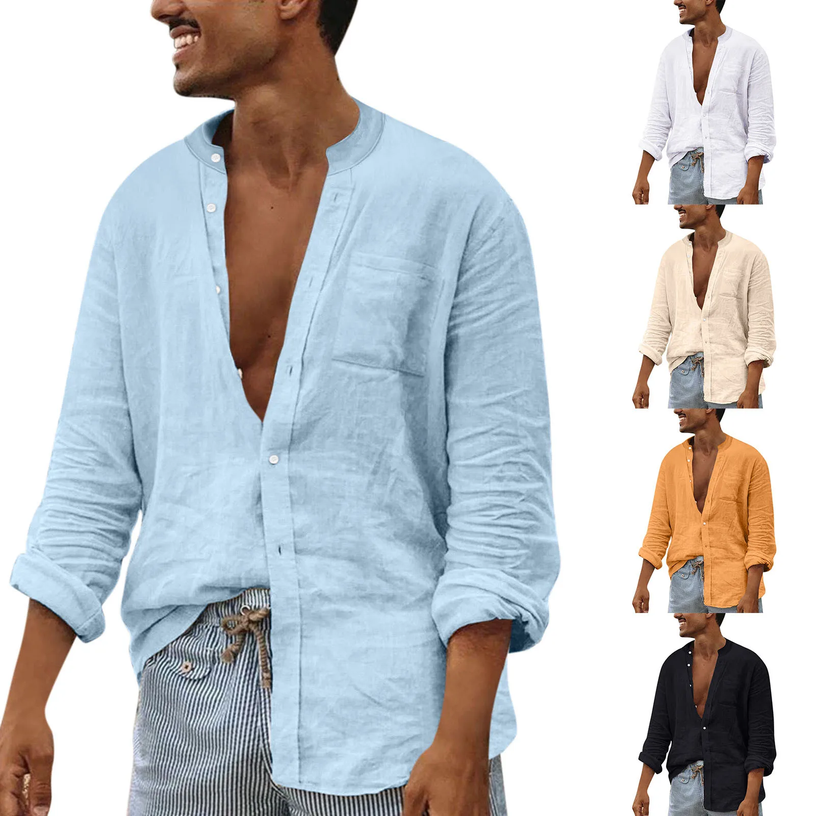 

Autumn and Winter New Mens Top Solid Color Cotton and Linen Loose Casual Lapel Long Sleeve Shirt for Men