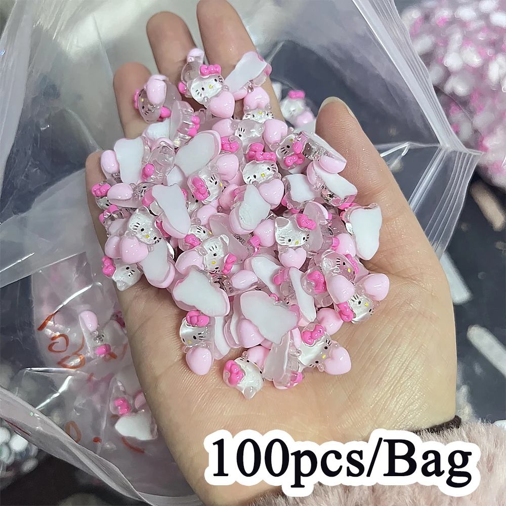 100pcs Cute Ice Cream Hello Kitty Nail Art Parts 3D Pink, Blue, Purple Heart HelloKitty Nail Charms DIY(14.32*9.72mm) Nail Decor