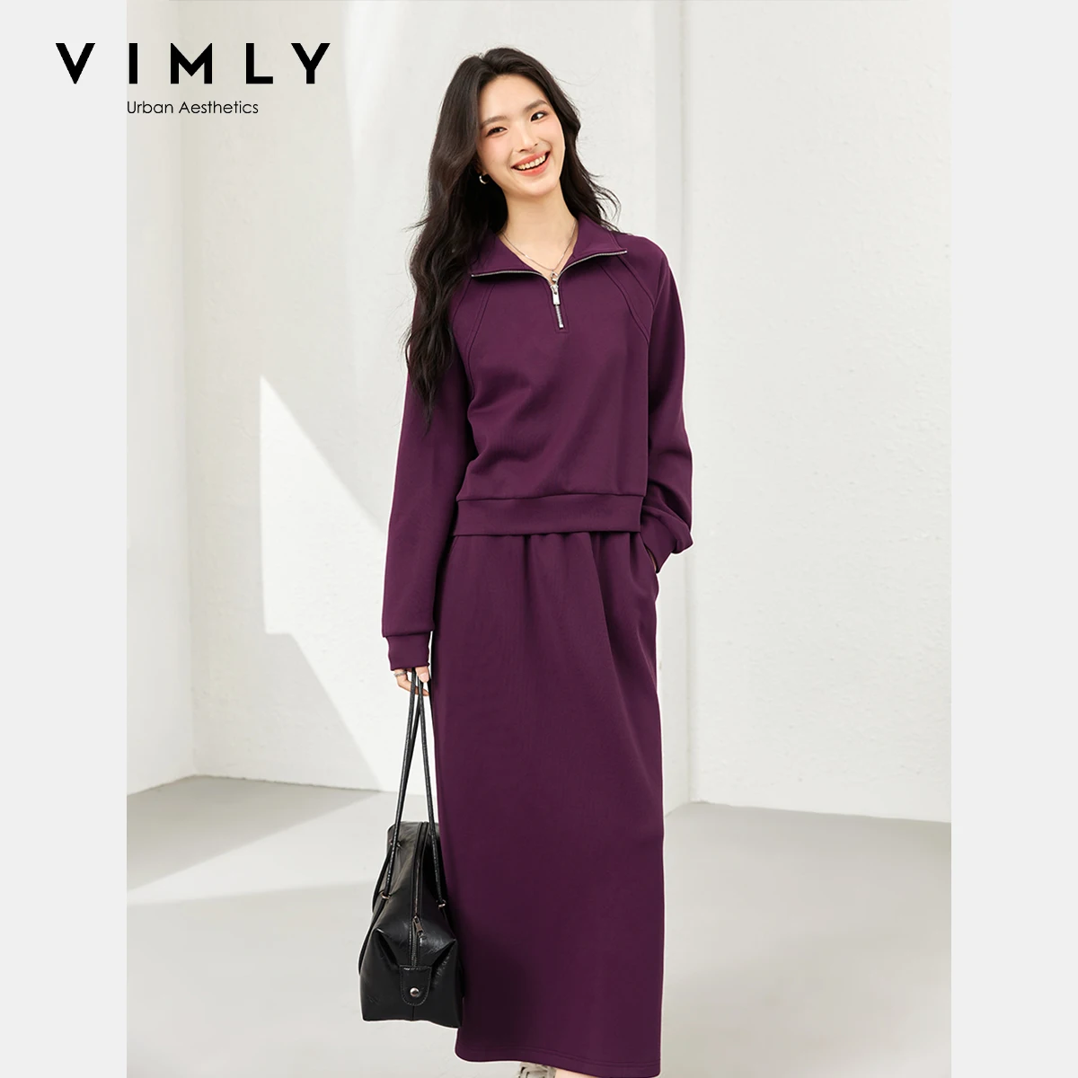 

VIMLY Skirt Set Women Two Piece 2025 Autumn Casual Turn-down Short Sweatshirts Straight Skirts Sporty Sets Woman 2 Piece A1993
