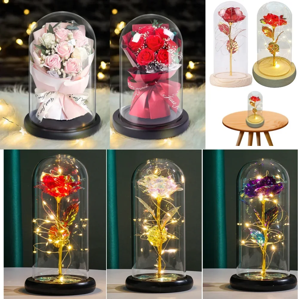 Preserved Flower Glass Cover Ornaments with Lights Rose Sunflower Dried Flowers Bouquet Carnation Tulip for Mom Girlfriends Wife