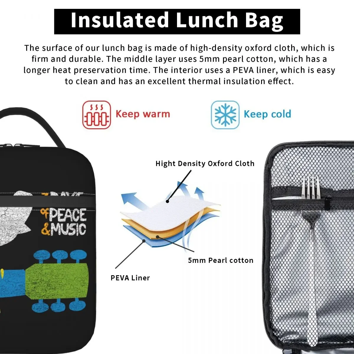 Woodstock threched isolierte Lunch pakete Thermo tasche wieder verwendbare tragbare Einkaufstasche Lunchbox Bento Pouch College Travel